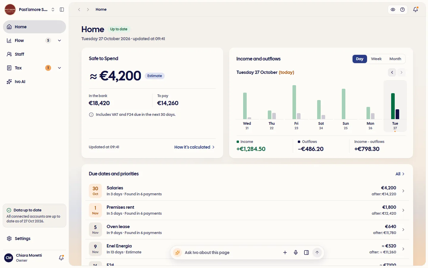 Centinn Home in the demo: Safe to Spend, income and outflows, due dates