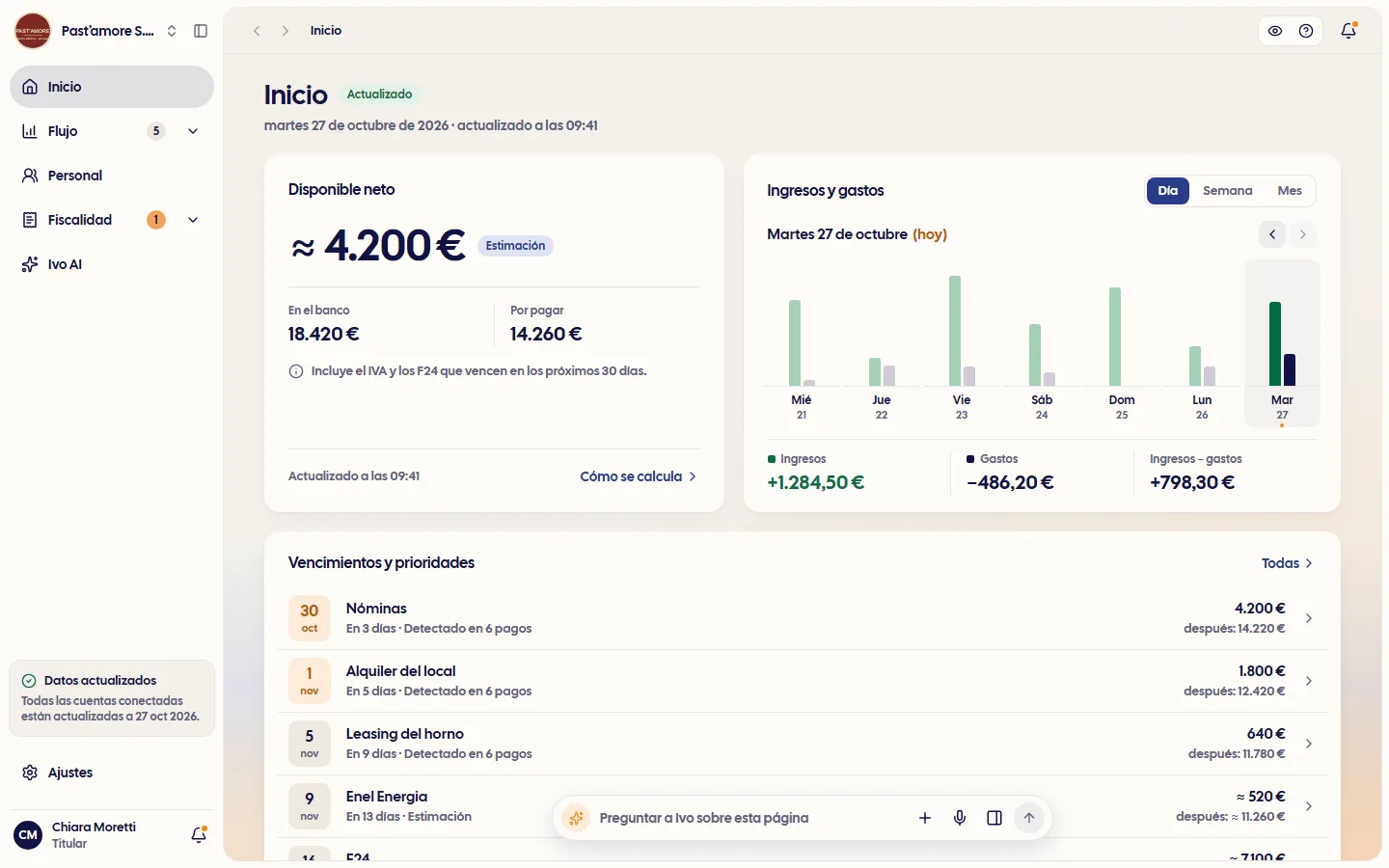 La Home de Centinn en la demo: disponible neto, ingresos y gastos, vencimientos