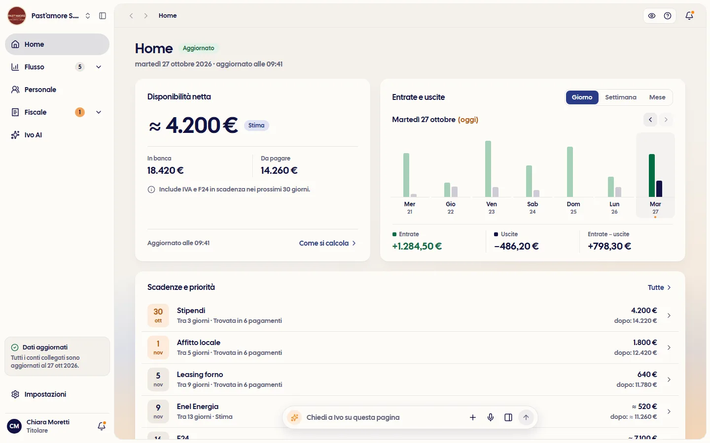 La Home di Centinn nella demo: disponibilità netta, entrate e uscite, scadenze